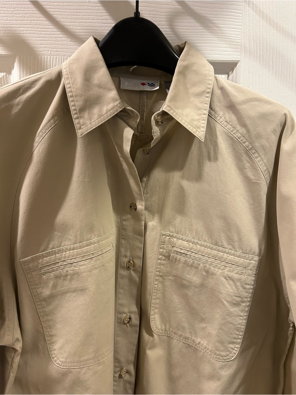Vintage French Navy Beige Cotton Utility Safari Button Down Shirt Sz 10 Gorpcore